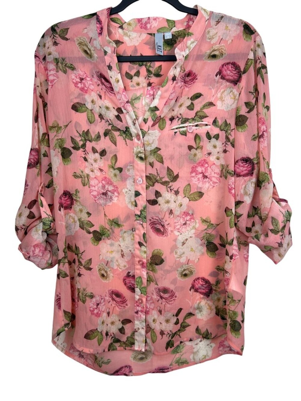Kut from the Kloth Floral Button Up Blouse Sz M Pink Sheer Lightweight Romantic - Picture 2 of 14